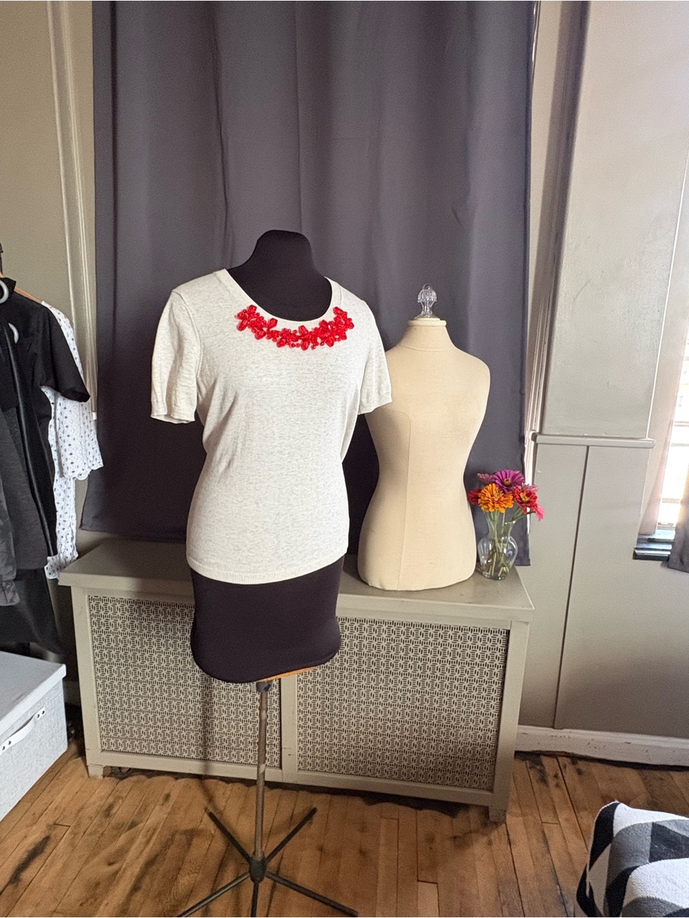 Women's Short Sleeve Knit Top with Red Beaded Embellishment